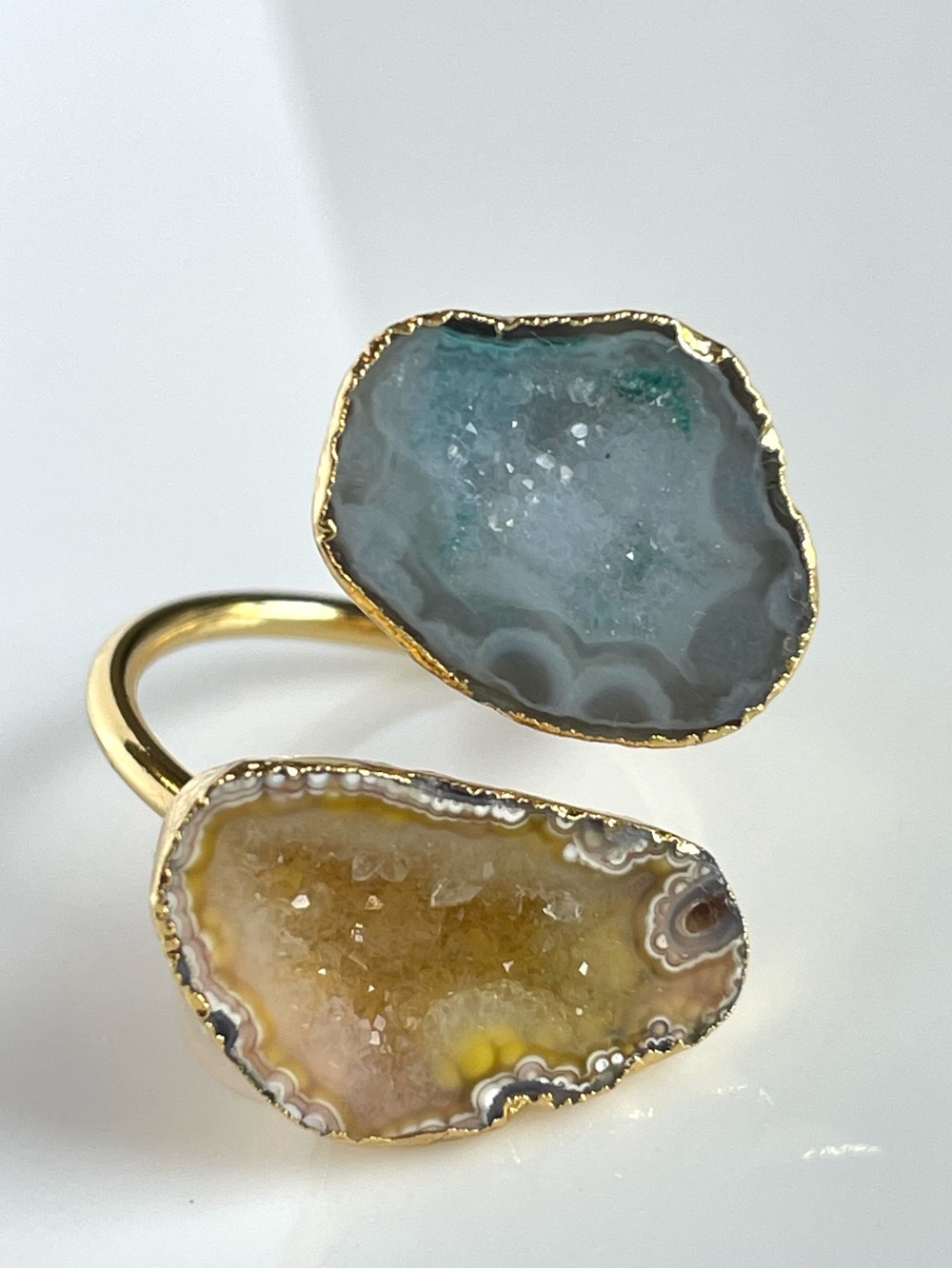 18K Gold Plated Yellow & Blue Agate Druzy Wrap Ring